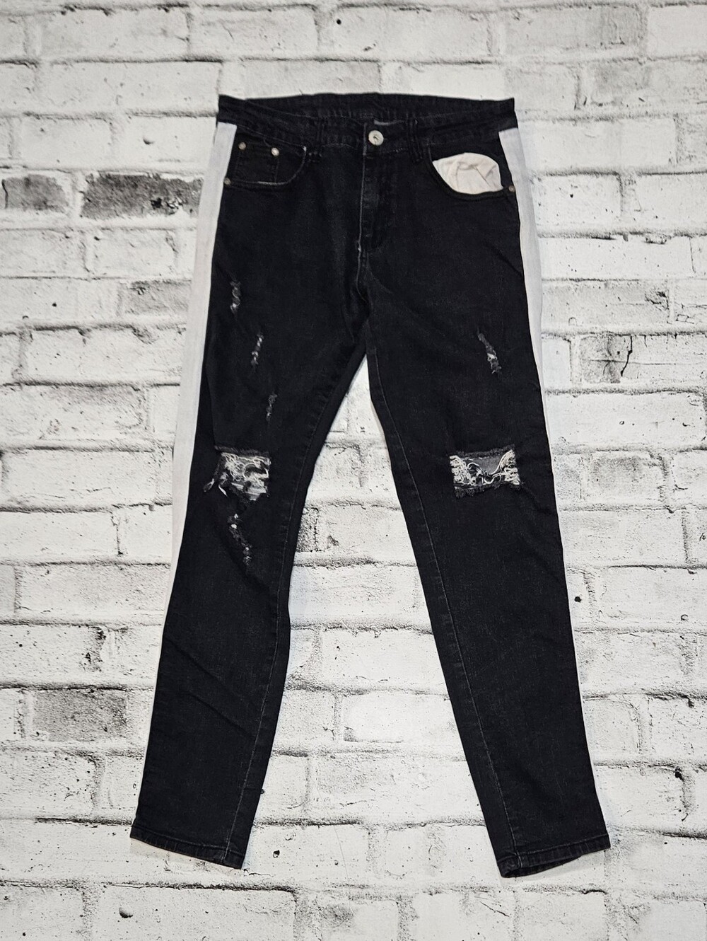 KIFI Black Skinny Jeans White Side Stripe Distressed Size 33
